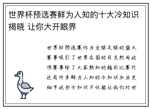 世界杯预选赛鲜为人知的十大冷知识揭晓 让你大开眼界
